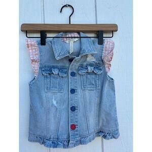 Matilda Jane Denim Jean Vest, Pink Ruffle‎ Sleeves, Bow Pockets, Sz 6